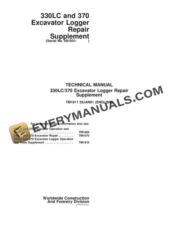 John Deere 330LC 370 Logger Repair Manual TM1911