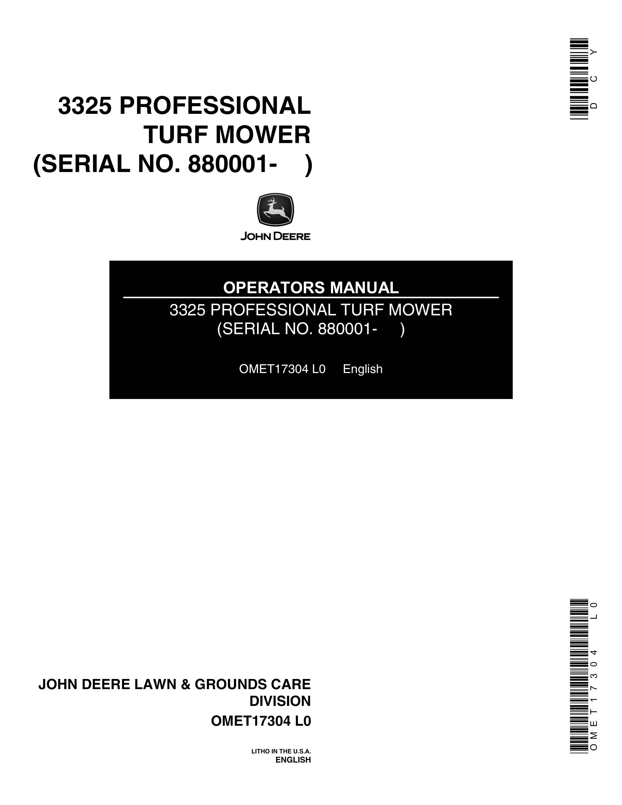 John Deere 3325 PROFESSIONAL TURF MOWER Operator Manual OMET17304 1