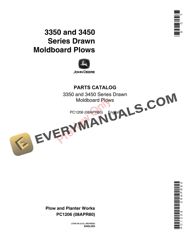 John Deere 3350, 3450 Series Drawn Moldboard Plows Parts Catalog PC1206 08APR80