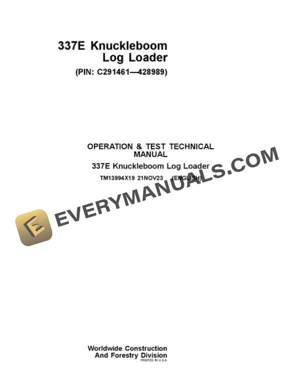 John Deere 337E Knuckleboom Loader Test Manual TM13994X19