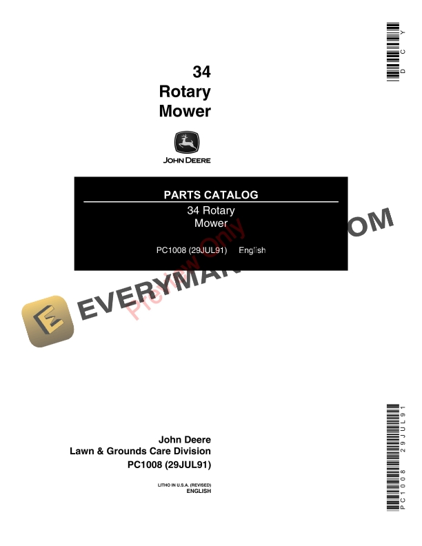 John Deere 34 Tractor Mounted Mower Deck mfg. 1966 Parts Catalog PC1008 29JUL91 1
