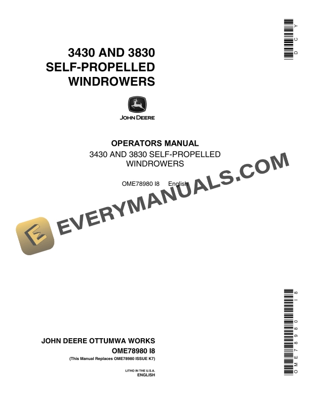 John Deere 3430 AND 3830 SELF PROPELLED WINDROWER Operator Manual OME78980 1