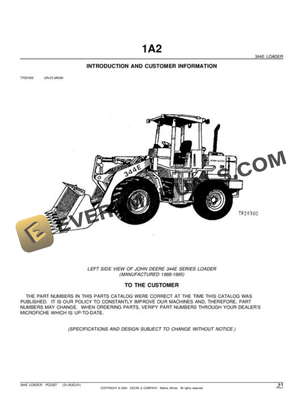 John Deere 344E Loader Parts Catalog PC 2207