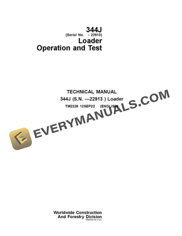 John Deere 344J Loader Test Manual TM2326