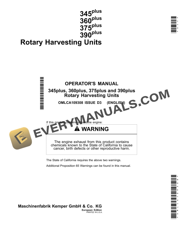 John Deere 345plus 360plus 375plus and 390plus Rotary Harvesting Unit Operator Manual OMLCA109308 1