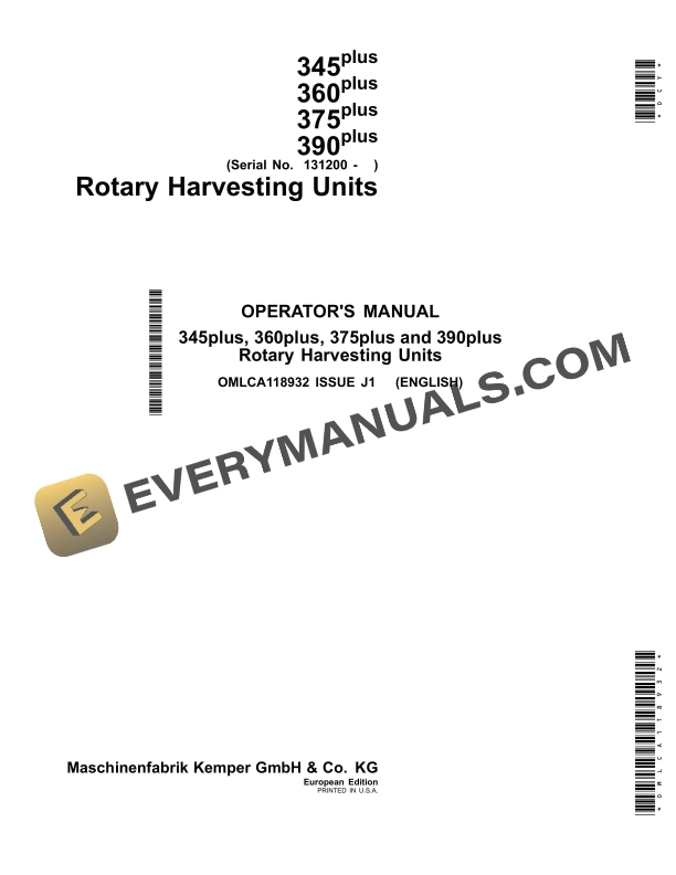 John Deere 345plus 360plus 375plus and 390plus Rotary Harvesting Unit Operator Manual OMLCA118932 1