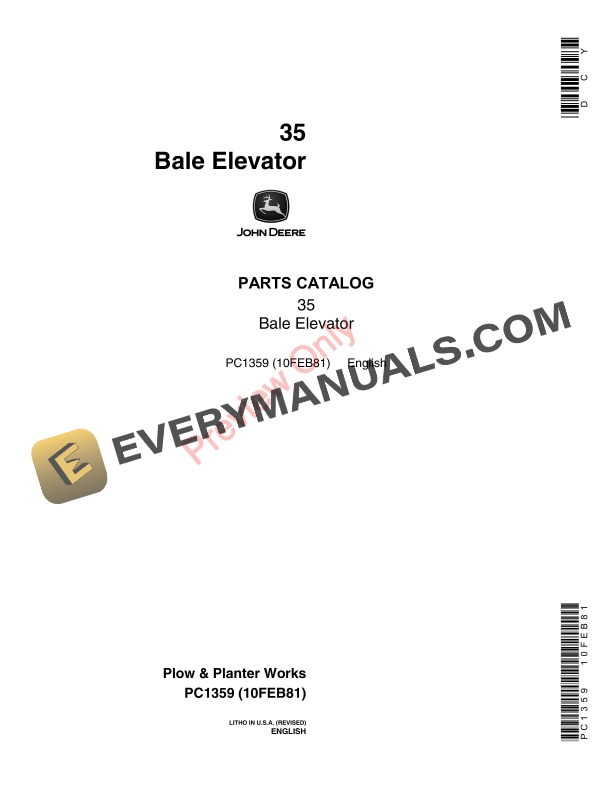 John Deere 35 Bale Elevator Parts Catalog PC1359 10FEB81 1