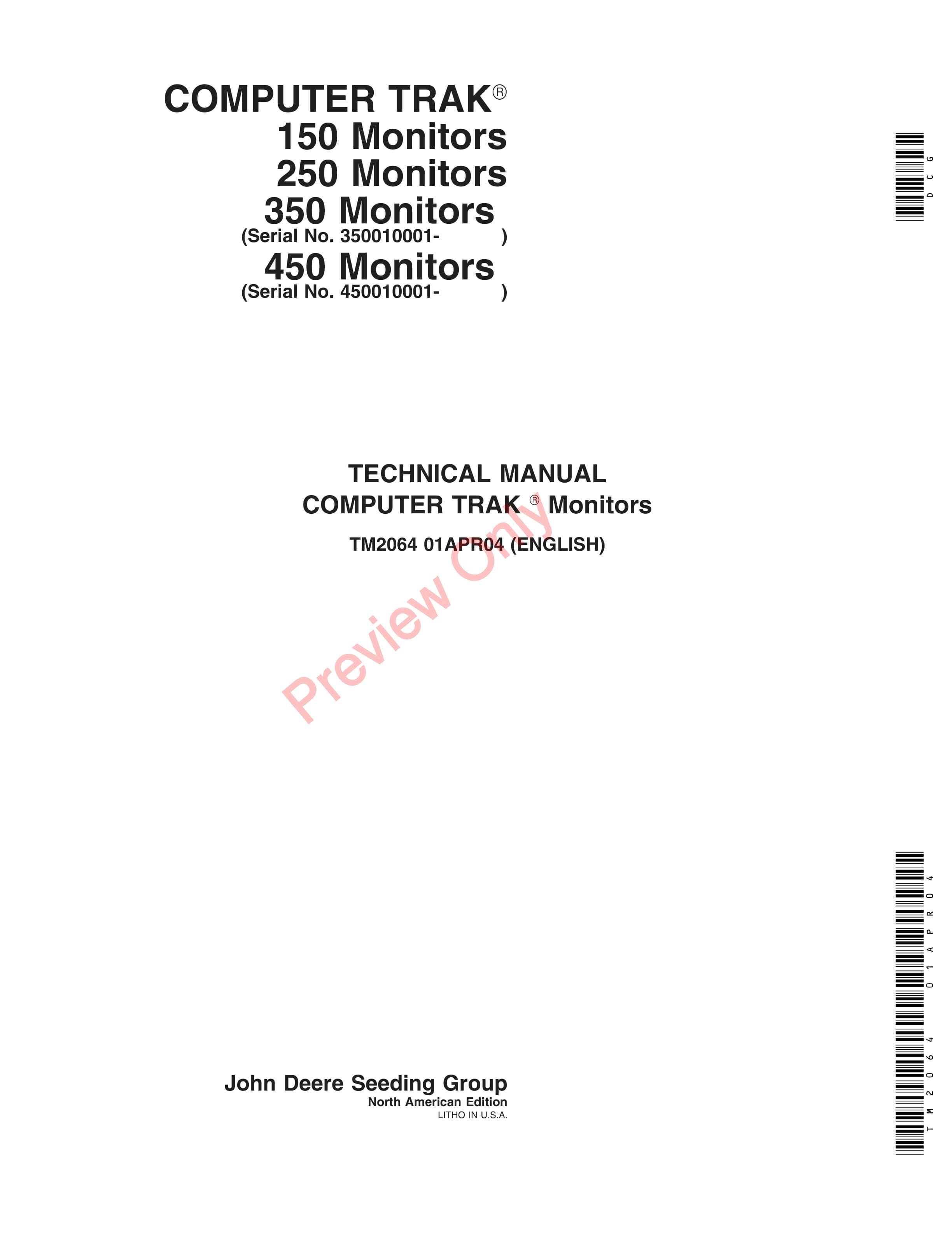John Deere 350, 450 Computer Trak Seed Monitors Technical Manual TM2064 01APR04 PDF