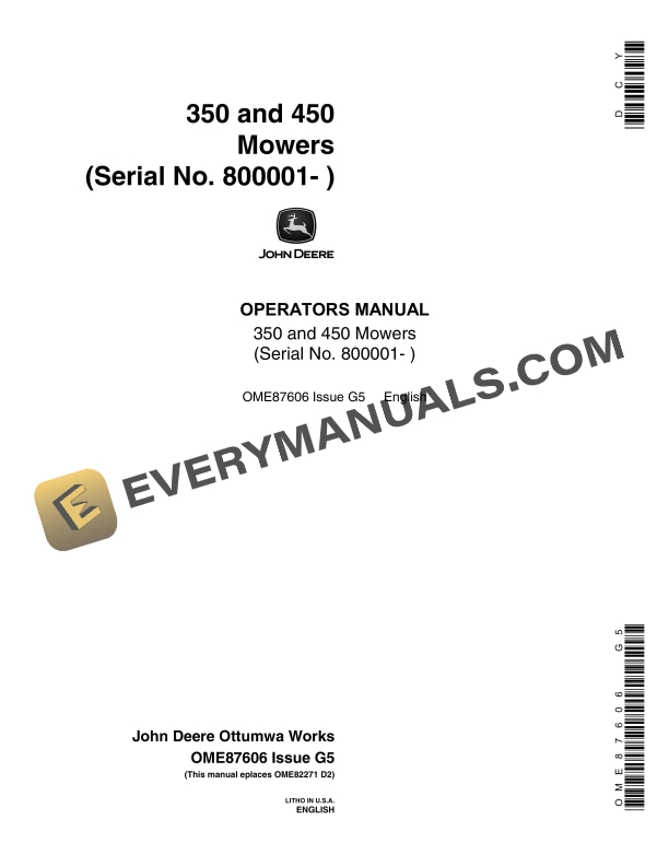 John Deere 350 and 450 Mowers Operator Manual OME87606 1