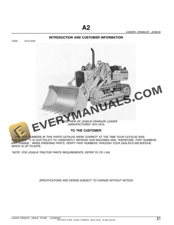 John Deere 350B Attachment Parts Catalog PC1209