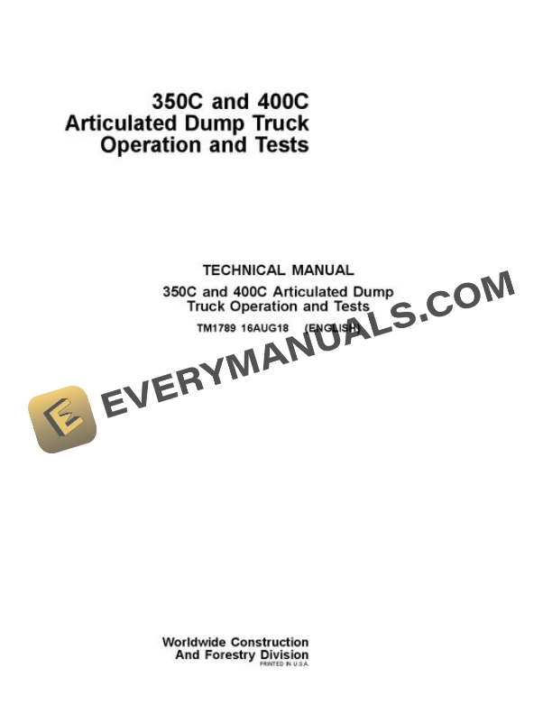 John Deere 350C 400C Articulated Dump Truck Test Manual TM1789
