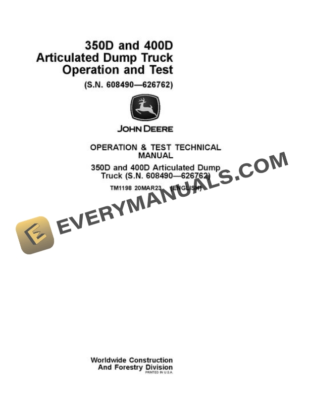 John Deere 350D 400D Articulated Dump Truck Test Manual TM1198