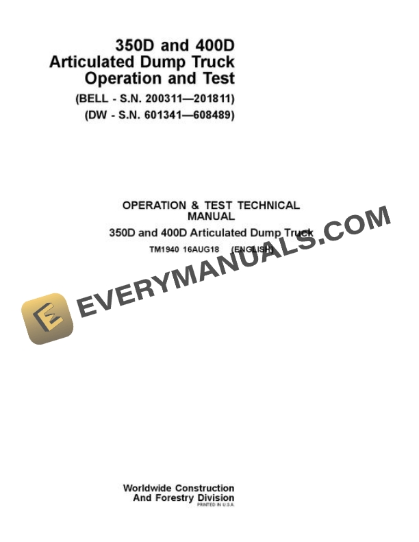 John Deere 350D 400D Articulated Dump Truck Test Manual TM1940