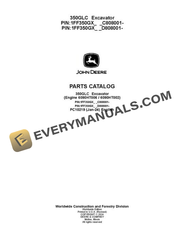 John Deere 350GLC Excavator Parts Catalog PC10219