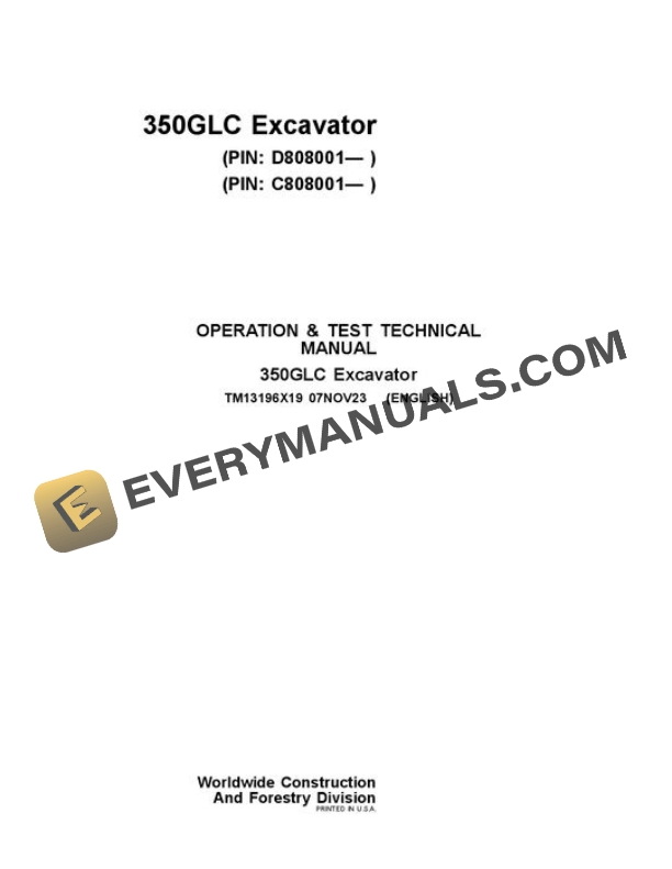 John Deere 350GLC Excavator Test Manual TM13196X19