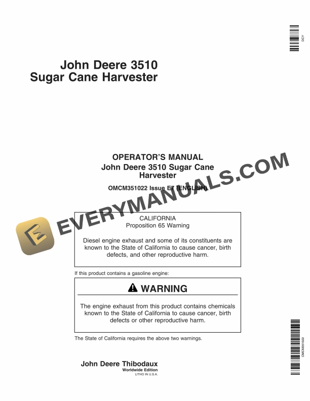 John Deere 3510 Sugar Cane Harvesters Operator Manual OMCM351022 1