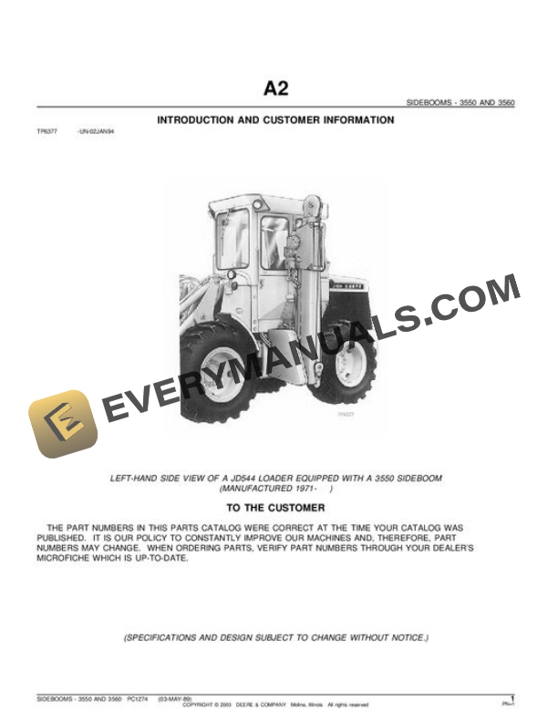 John Deere 3550 3560 Attachment Parts Catalog PC1274