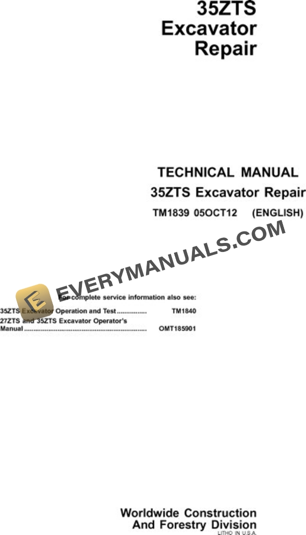 John Deere 35ZTS Excavator Repair Manual TM1839