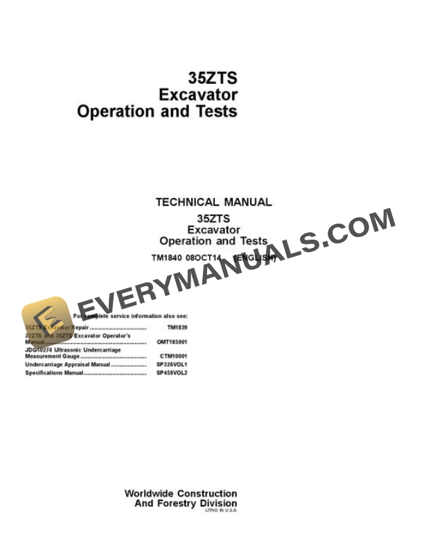John Deere 35ZTS Excavator Test Manual TM1840