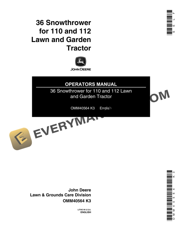 John Deere 36 Snowthrower For 110, 112 Lawn and Garden Tractor Operator Manual OMM40564