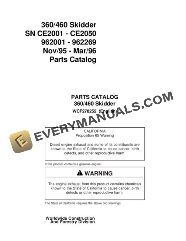 John Deere 360 460 Skidder Parts Catalog WCF278252