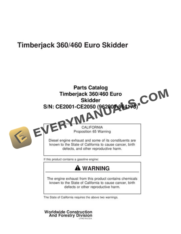 John Deere 360 Euro 460 Euro Skidder Parts Catalog WCF278254