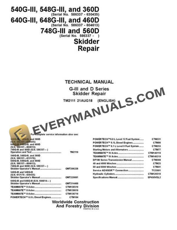 John Deere 360D 460D 560D 540GIII to 748GIII Skidder Repair Technical Manual TM2111 21AUG18 PDF