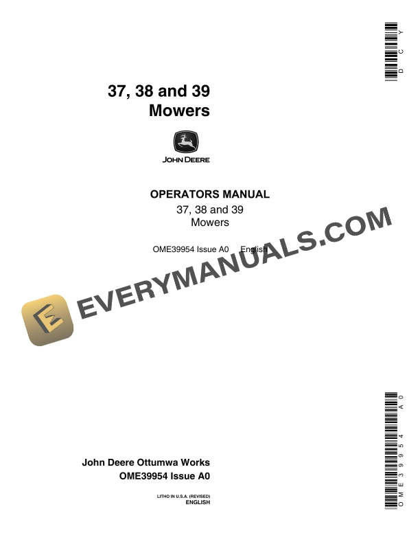 John Deere 37, 38, 39 Mowers Operator Manual OME39954