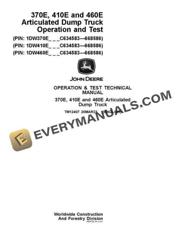 John Deere 370E 410E 460E Articulated Dump Truck Test Manual TM12407
