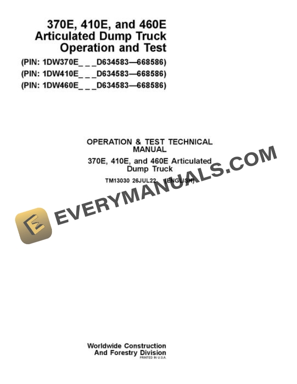 John Deere 370E 410E 460E Articulated Dump Truck Test Manual TM13030