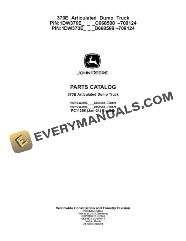 John Deere 370E Articulated Dump Truck Parts Catalog PC11356