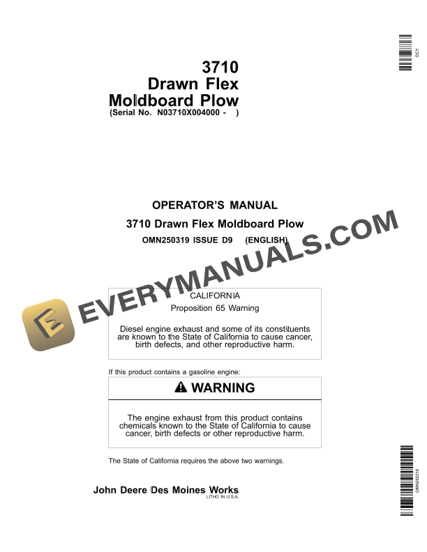 John Deere 3710 Drawn Flex Moldboard Plow Operator Manual OMN250319