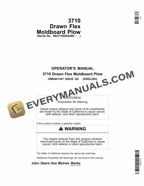 John Deere 3710 Drawn Flex Moldboard Plow Operator Manual OMN401347