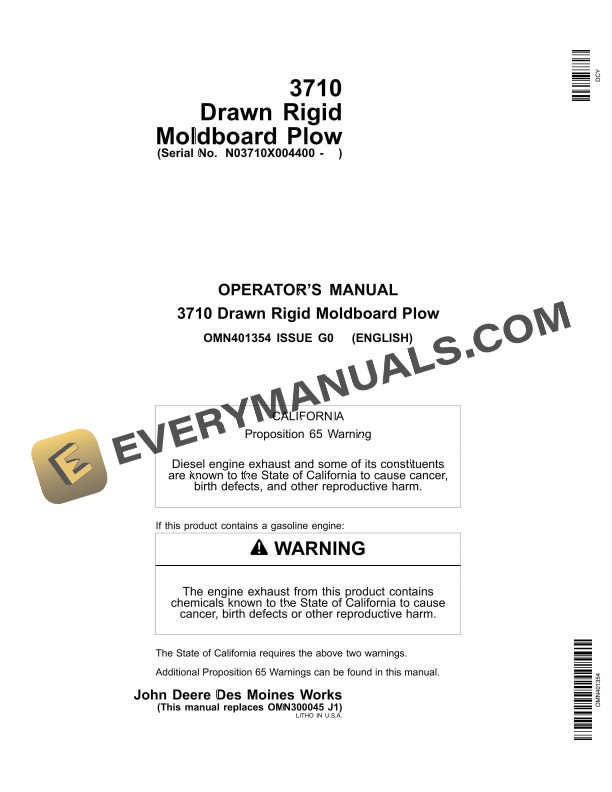 John Deere 3710 Drawn Rigid Moldboard Plow Operator Manual OMN401354 1