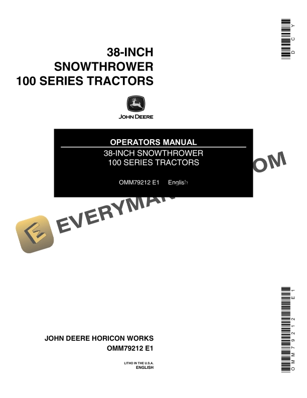 John Deere 38 INCH SNOWTHROWER 100 SERIES TRACTORS Operator Manual OMM79212 1