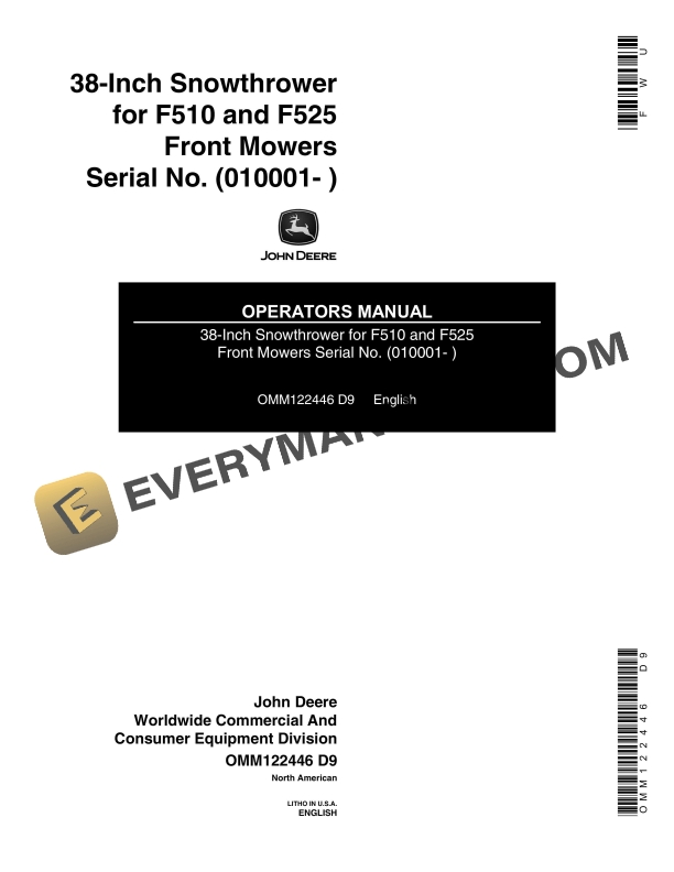 John Deere 38 Inch Snowthrower for F510 and F525 Front Mowers Operator Manual OMM122446 1