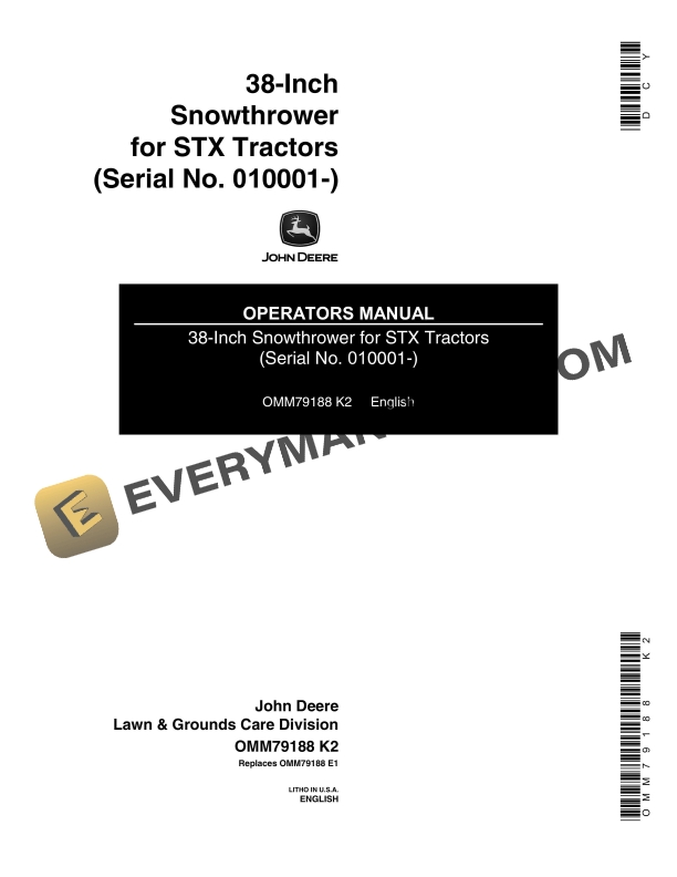 John Deere 38 Inch Snowthrower for STX Tractor Operator Manual OMM79188 1