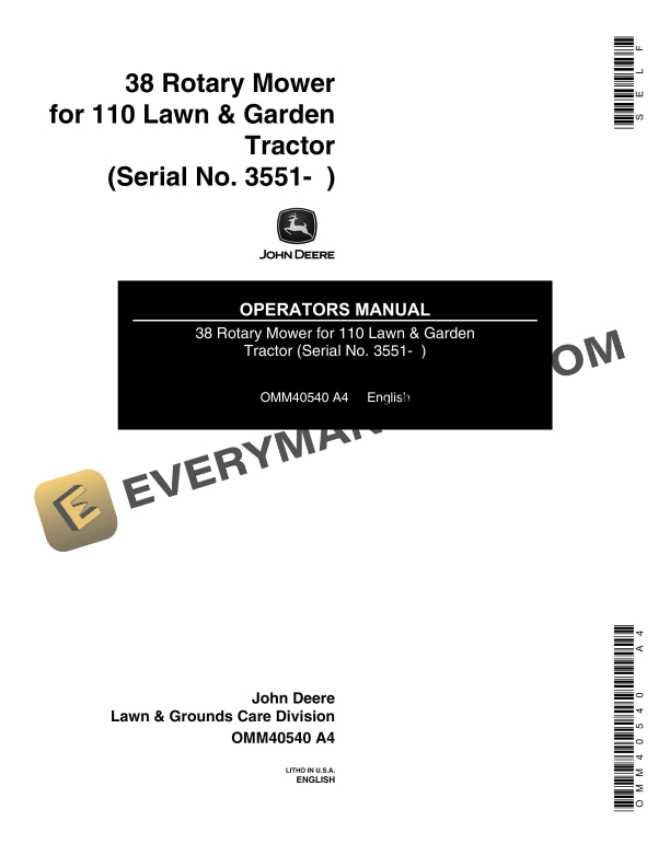 John Deere 38 Rotary Mower For 110 Lawn and Garden Tractor Operator Manual OMM40540