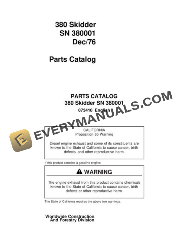 John Deere 380 Skidder Parts Catalog 073410
