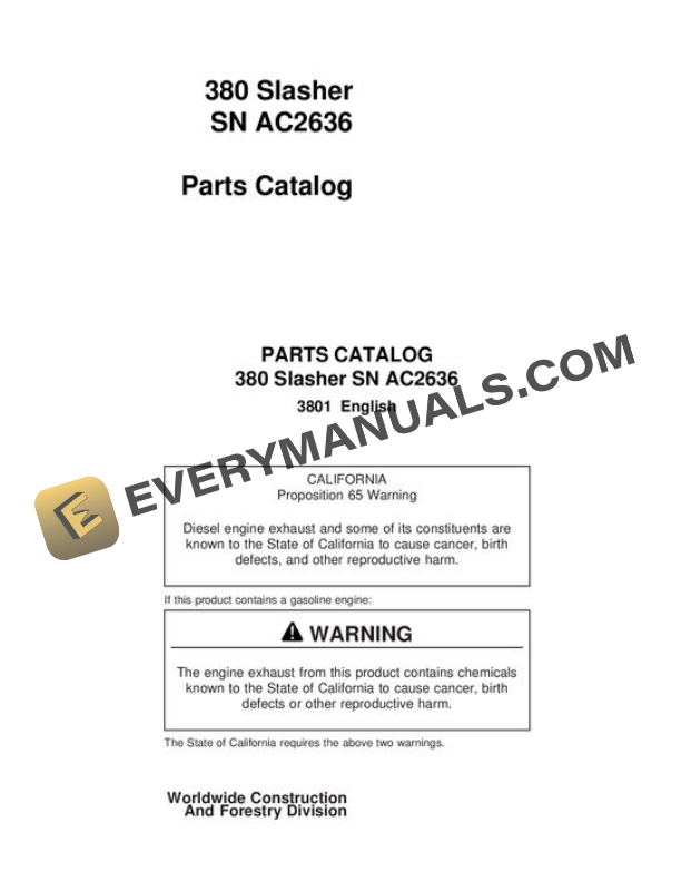 John Deere 380 Skidder Parts Catalog 3801