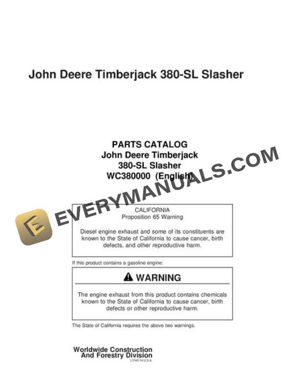 John Deere 380 Skidder Parts Catalog WC380000
