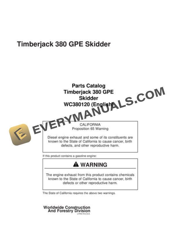 John Deere 380 Skidder Parts Catalog WC380120