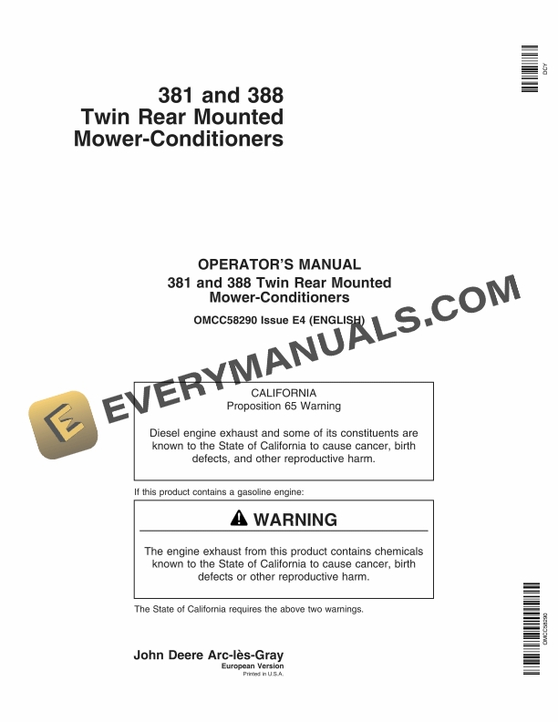 John Deere 381 and 388 Twin Rear Mounted Mower Conditioner Operator Manual OMCC58290 1