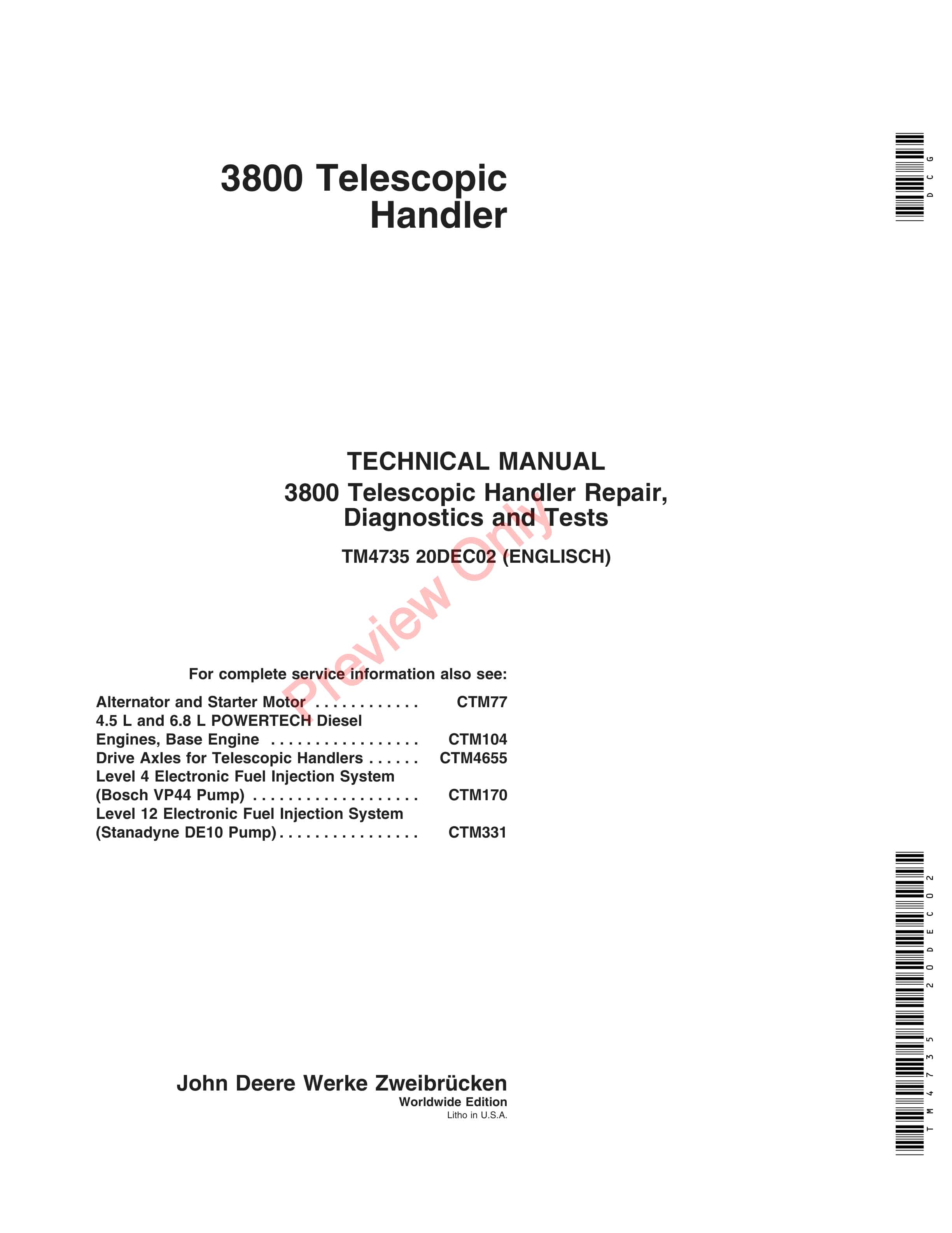 John Deere 3816 Telescopic Handlers Technical Manual TM4735 20DEC02 1