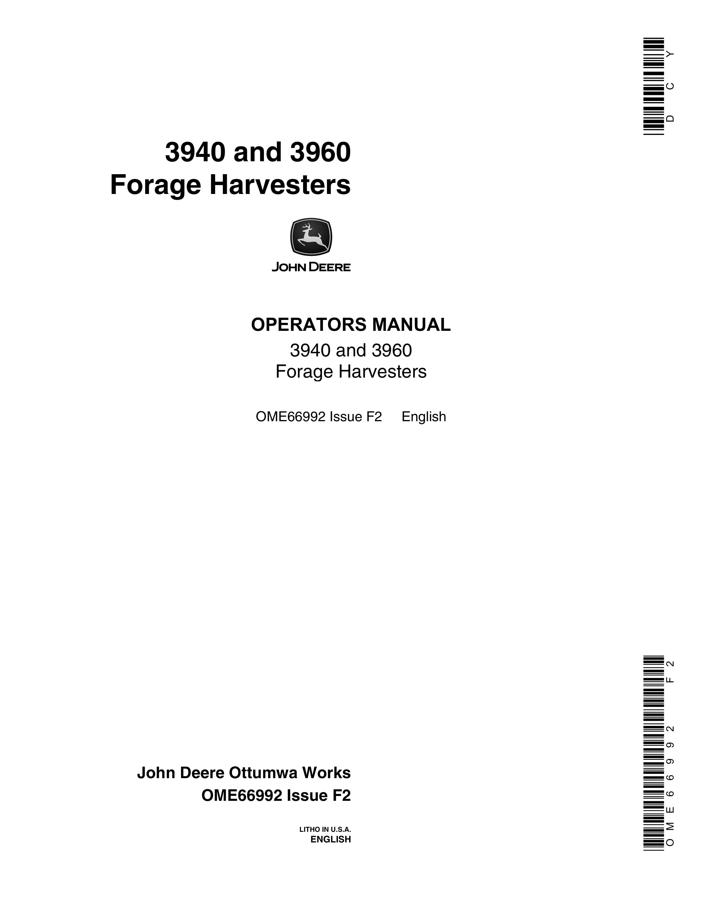 John Deere 3940 and 3960 Forage Harvesters Operator Manual OME66992 1