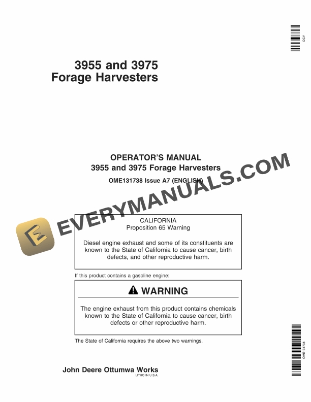 John Deere 3955 and 3975 Forage Harvesters Operator Manual OME131738 1