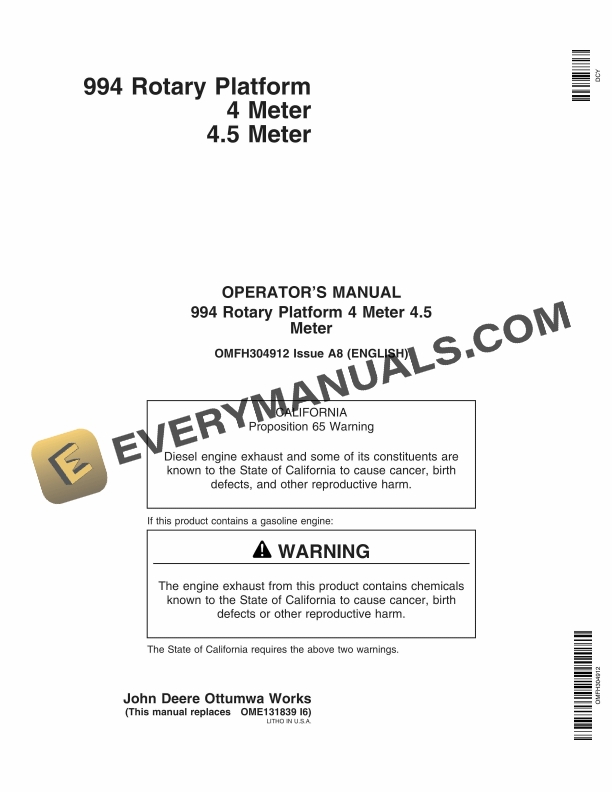 John Deere 4 Meter 4.5 Meter 994 Rotary Platform Operator Manual OMFH304912 1