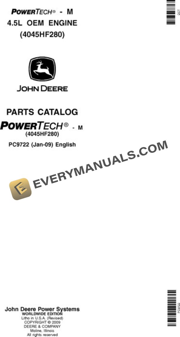 John Deere 4.5L 4045HF280 Engine Parts Catalog PC9722