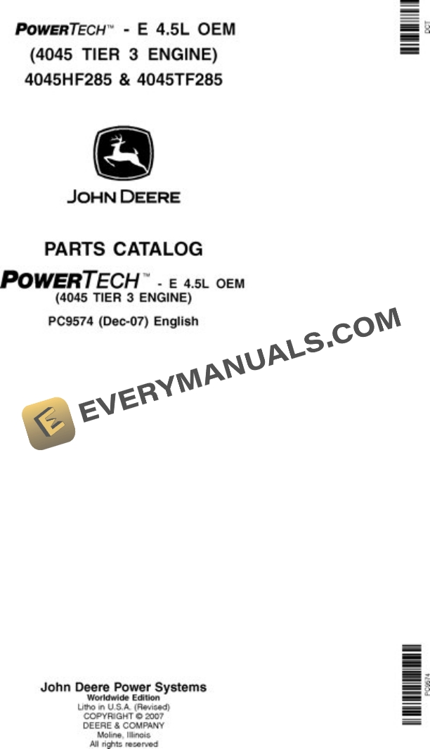 John Deere 4.5L 4045HF285 4045TF285 Engine Parts Catalog PC9574