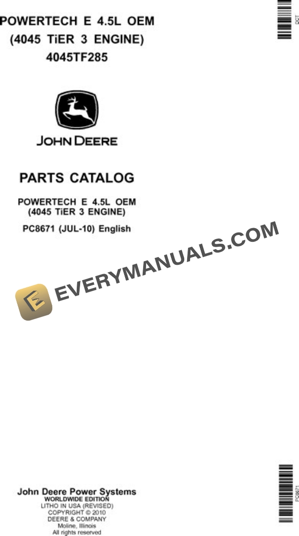 John Deere 4.5L 4045TF285 Engine Parts Catalog PC8671